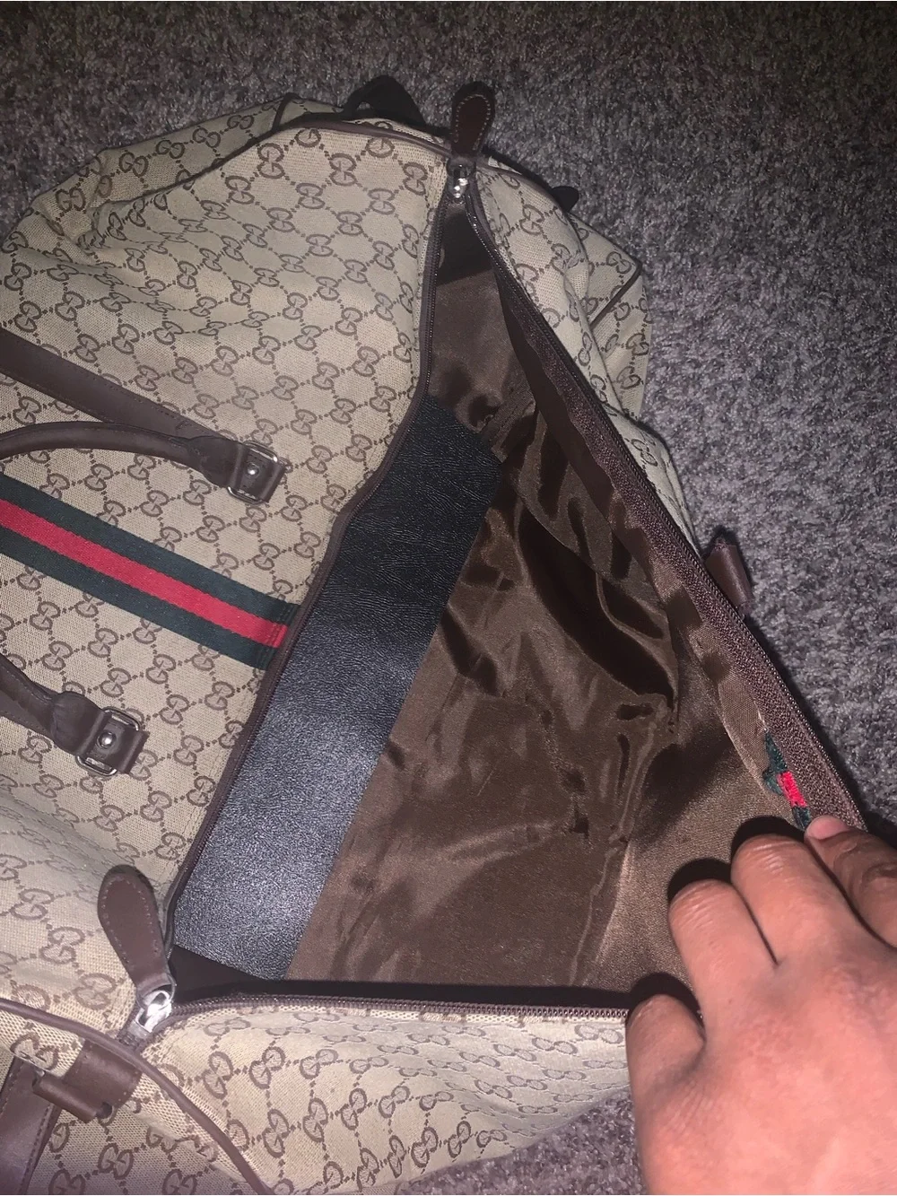 Gucci Brown Monogram Weekend Bag with Red & Green Web Stripe